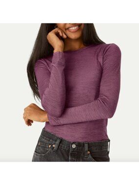 BOMBAS Women's Merino Wool Blend Tee Large Crew Neck Long Sleeve Top Purple